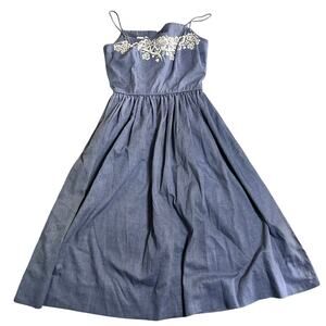 Vintage Serbin by Muriel Ryan Dress Blue Chambray White Embroidery Small